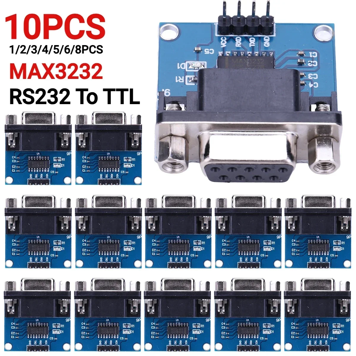 

1-10PCS MAX3232 RS232 to TTL Serial Port Converter Module TX RX VCC GND Female DB9 Connector 3.3V-5.5V MAX232 Flashing Board