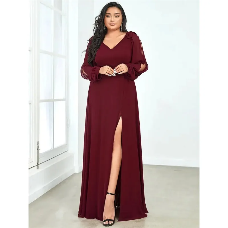 Wakuta Plus Size Evening Dress Long V-Neck Full Sleeves Floor-Length Chiffon Luxury Bridesmaid Women Vestidos Formal Party Gowns