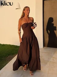 kliou Shirring Bandage Women Long Dress Solid Concise Halter Sleeveless Draped A-line Vestidos Female Holiday High Street Robe