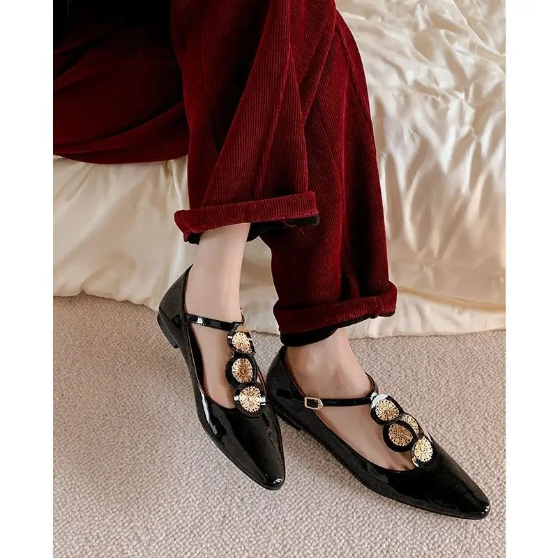 Pointy Toe T Straps Flat Mary Janes Round Golden Print Vintage Ankle Strap Patent Leather Fashion Women Summer Daily Shoes