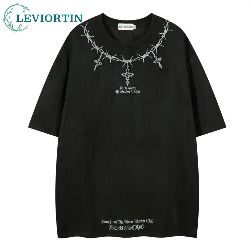 American fashion trend brand thorn embroidered letter short sleeved T-shirt for men's summer casual versatile couple top