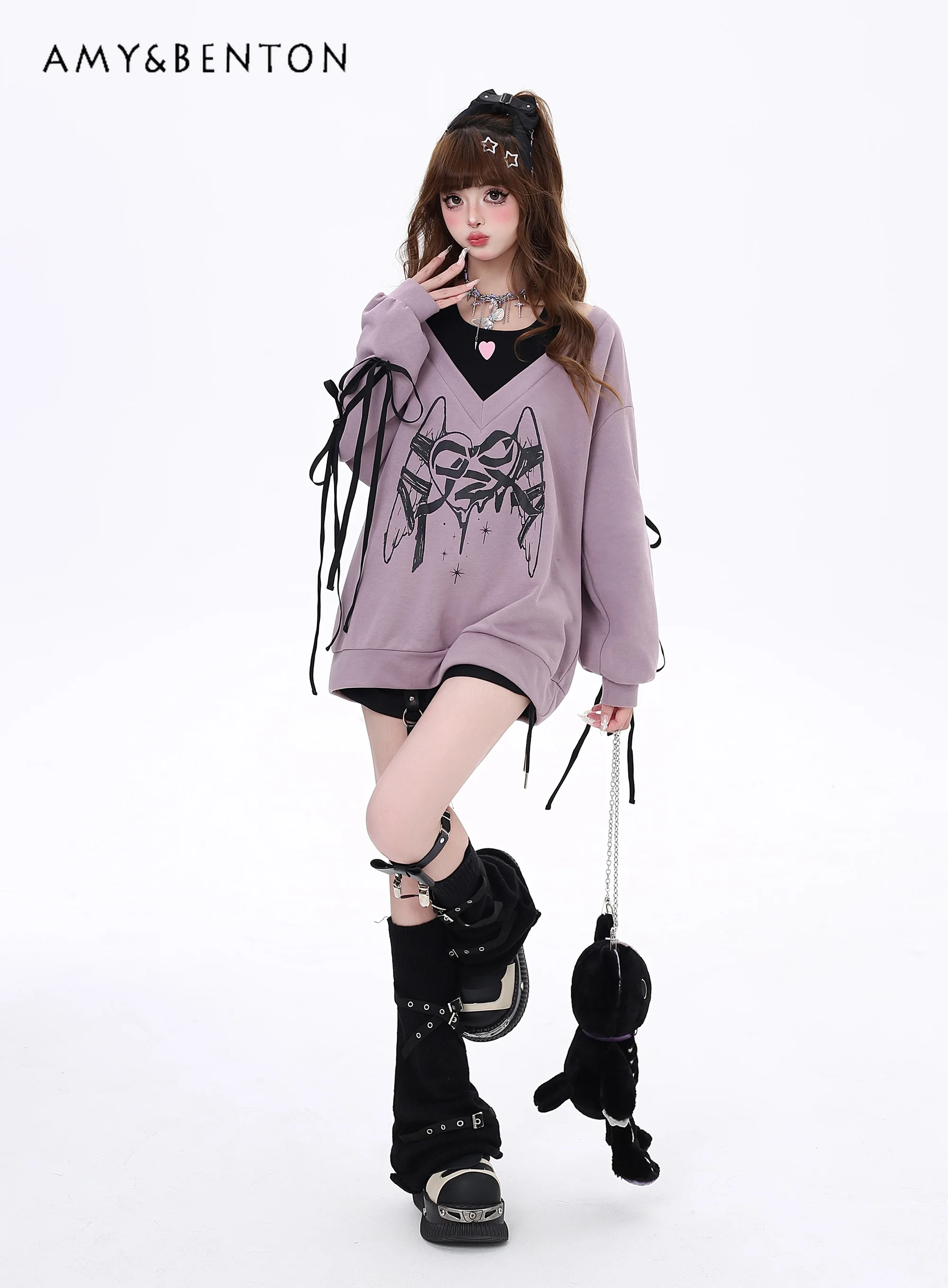 Subculture Sweet Hot Girl Butterfly Print Round Collar False Two-Piece Sweatshirt Autumn Preppy Style Cute Oversized Hoodies