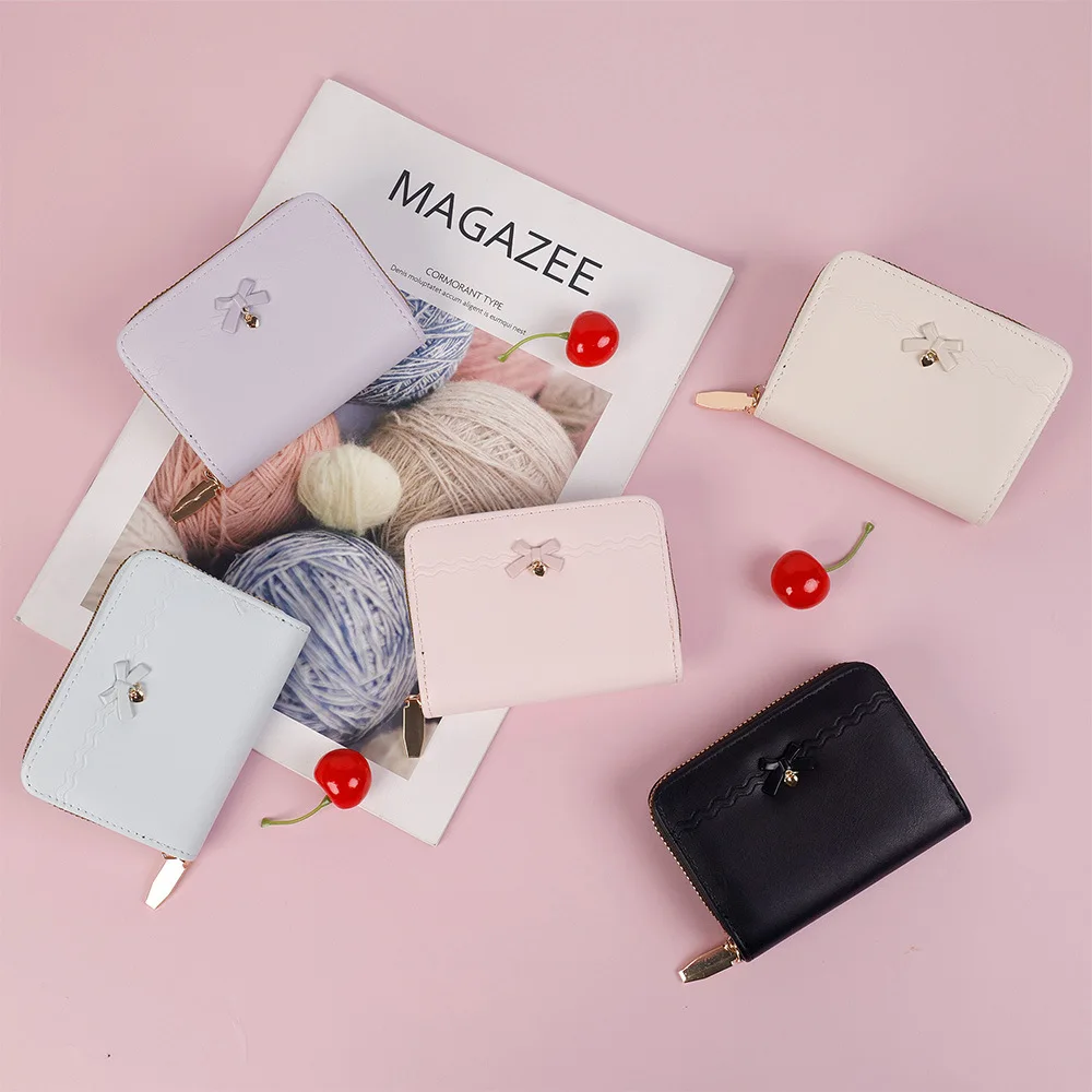 Elegant Wavy Pattern Short Wallet Metal Bow Decor Zipper Around Coin Purse PU Leather Card Holder Small Clutch For Women Girls