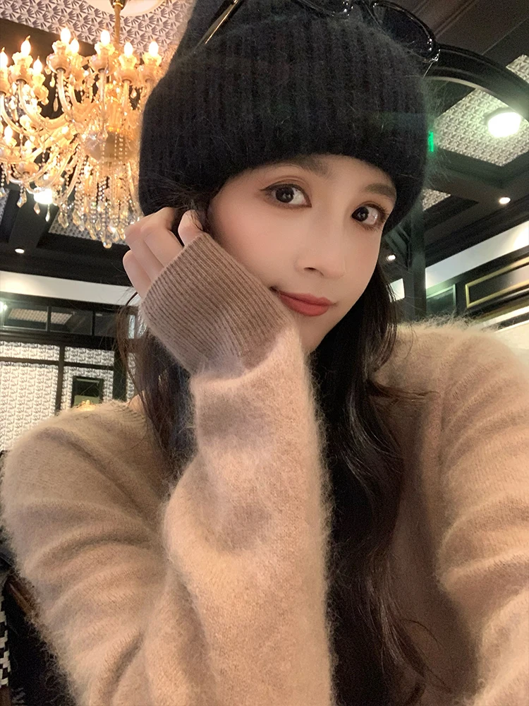 

Linyener Camere Knitted V-Ne Fce-Lined Loose Fit Women's Sweater Autumn Winter Warm Cozy Sle Faion Casual Wear