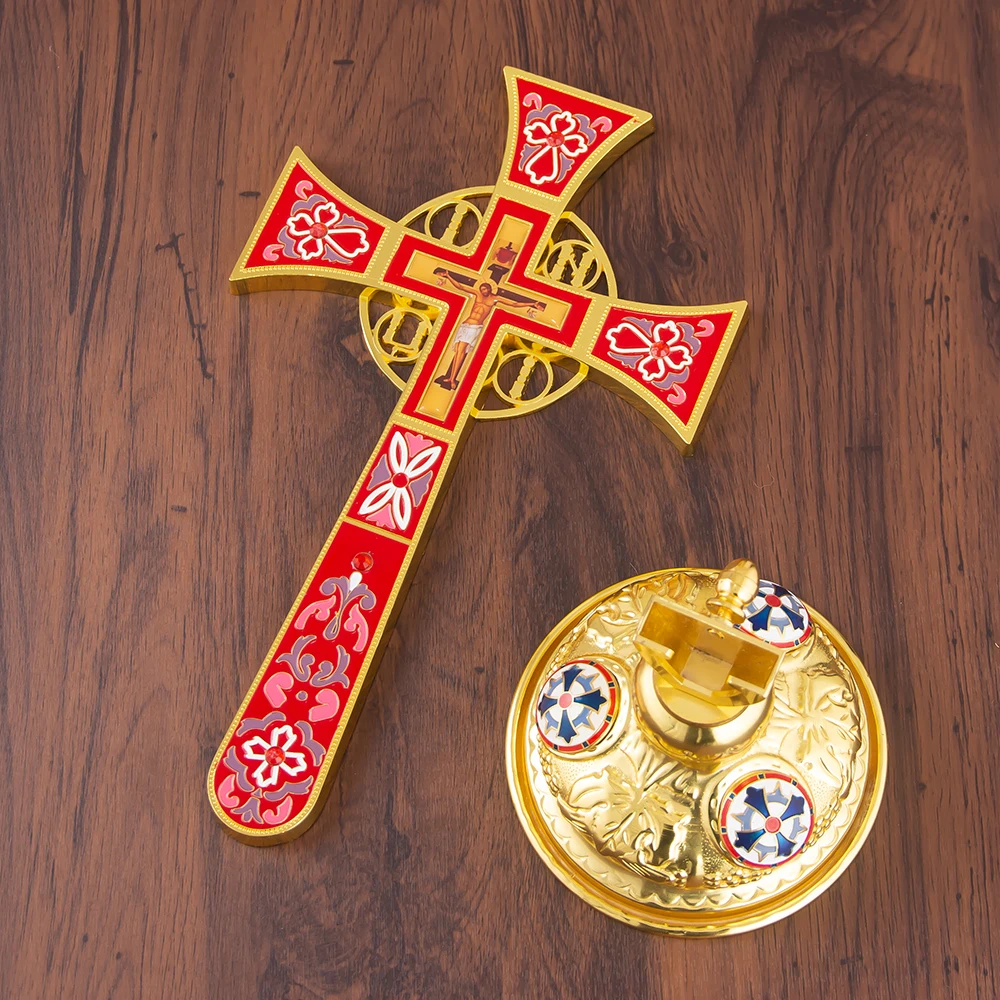 

HTISOK Byzantine Style Orthodox Altar Cross Gold-Plated Enamel Standing Jesus Crucifix for Church Decoration Orthodox Cross