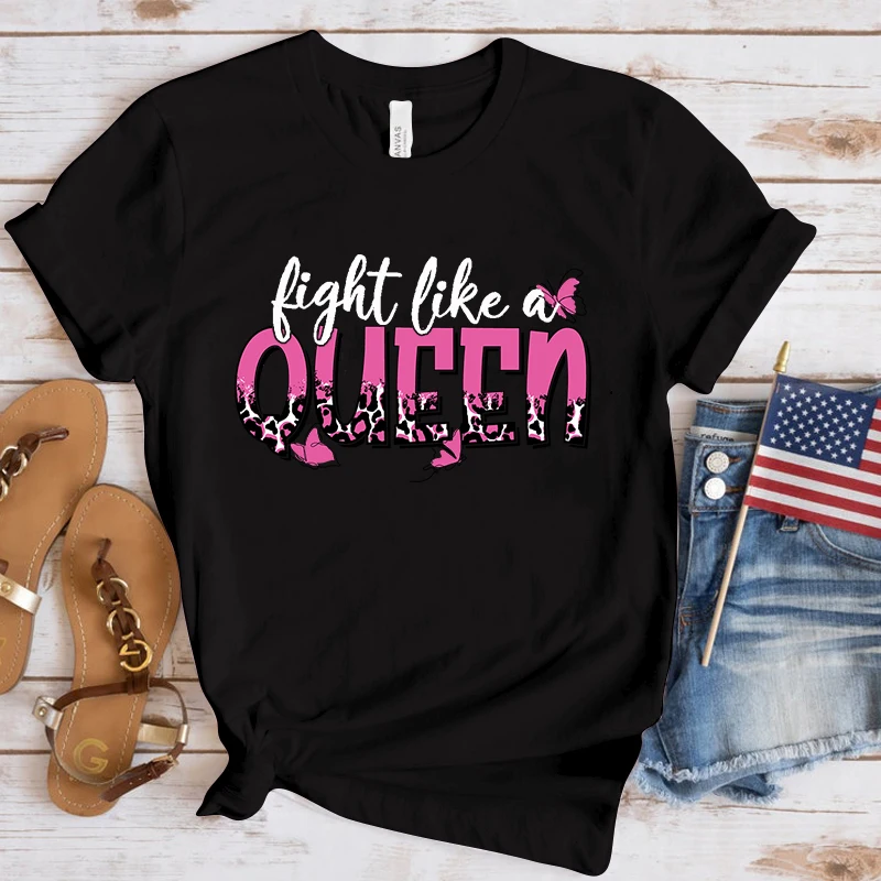 Fashion Breast Cancer Awareness Fight Like A Queen Printed T-Shirts Men Women Summer Casual Short Sleeved T-Shirts