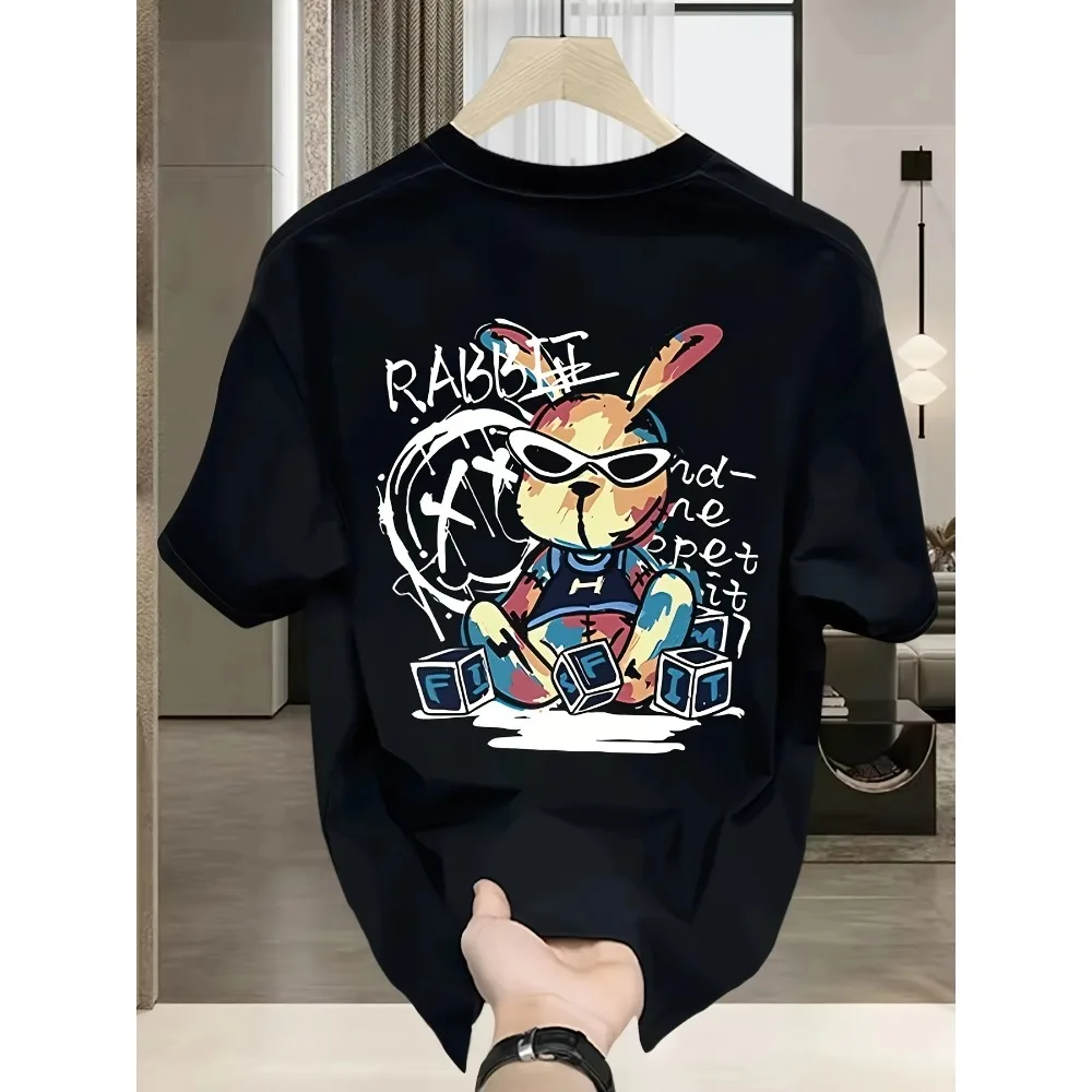 

Men's Summer 100% Cotton Fashion Casual Loose Black Rabbit Cartoon Printed Crew Neck T-Shirt Top