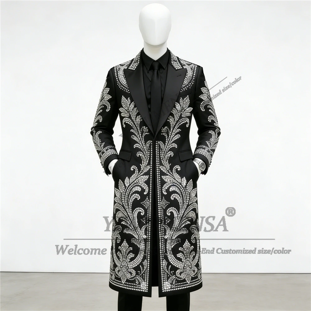 

Luxury Jewelry Beads Wedding Suit For Men Single Breasted Jacket Pants 2 Pieces Man Prom Tuxedos Long Customized costumes homme