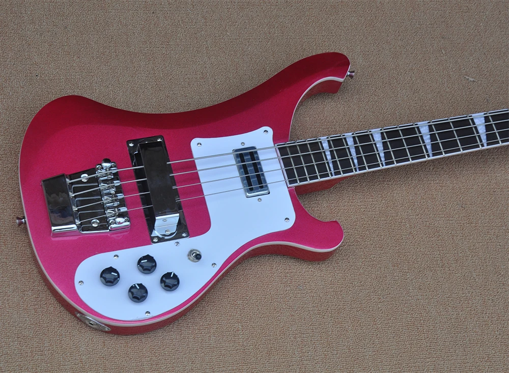 4 Strings Rose Red Electric Bass Guitar with White Pickguard,Rosewood Fretboard