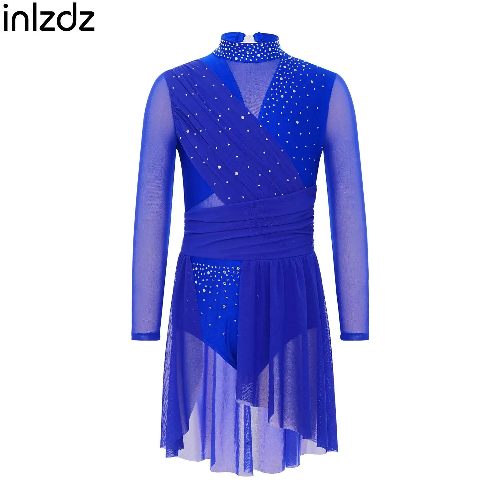 

Girls Lyrical Dance Dress Modern Figure Skating Dancewear Side Split Sheer Mesh Glittery Rhinestones Dress for Stage Performance