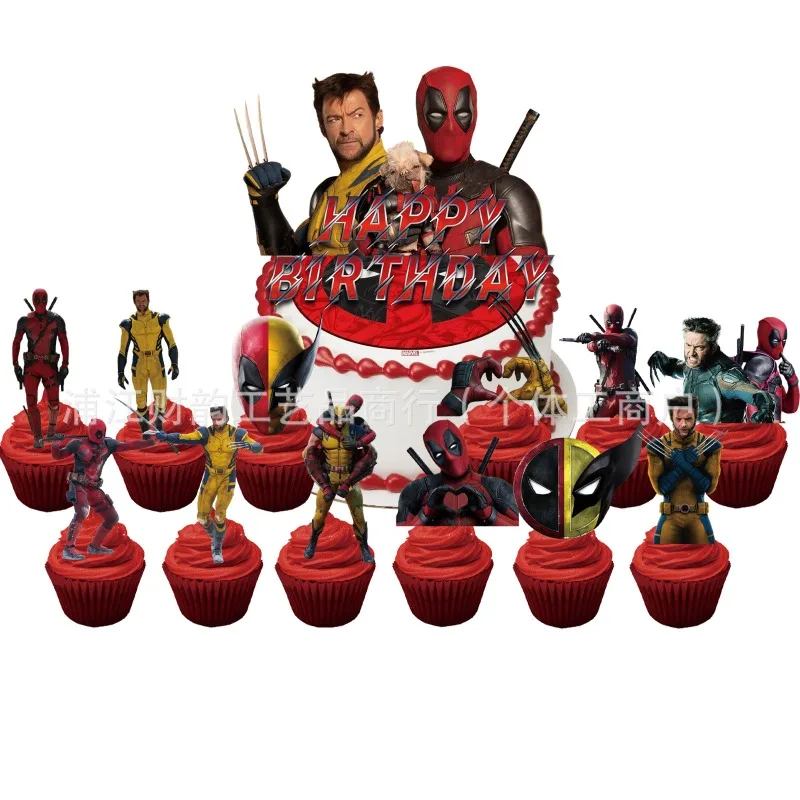 Deadpool and Wolverine Cake Decoration Cartoon  Cupcake Top Happy Birthday for Kids Birthday Party Cake Dessert Decorations