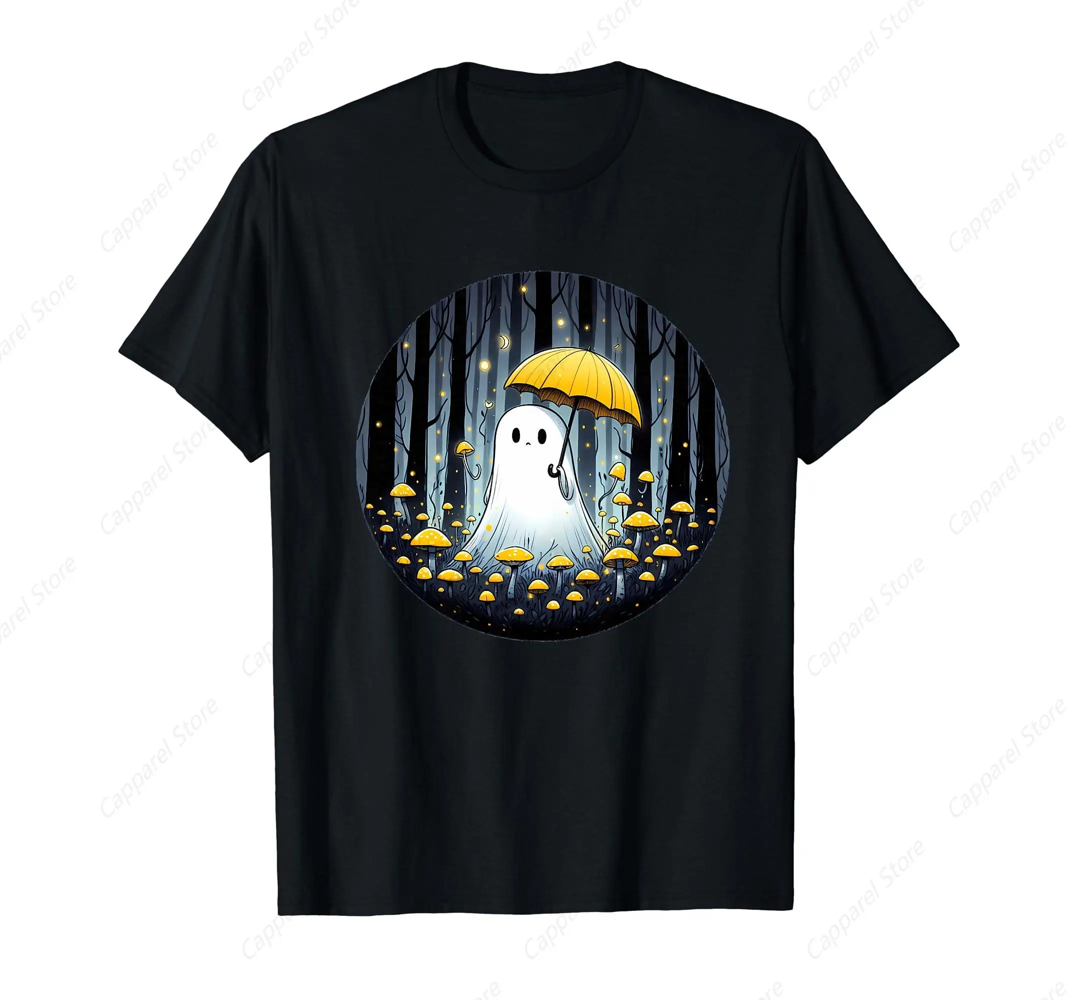 Vintage Mushroom Spooky Ghost Halloween Yellow Umbrella T-Shirt for Men Cotton 100% Summer Tops Women