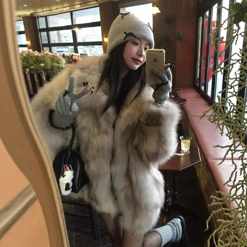 Women Faux Fur Fox Coats Mid Length Jackets Turn Down Collar Coat Thick Warm Y2k Streetwear Jacket Elegant Work Autumn Winter