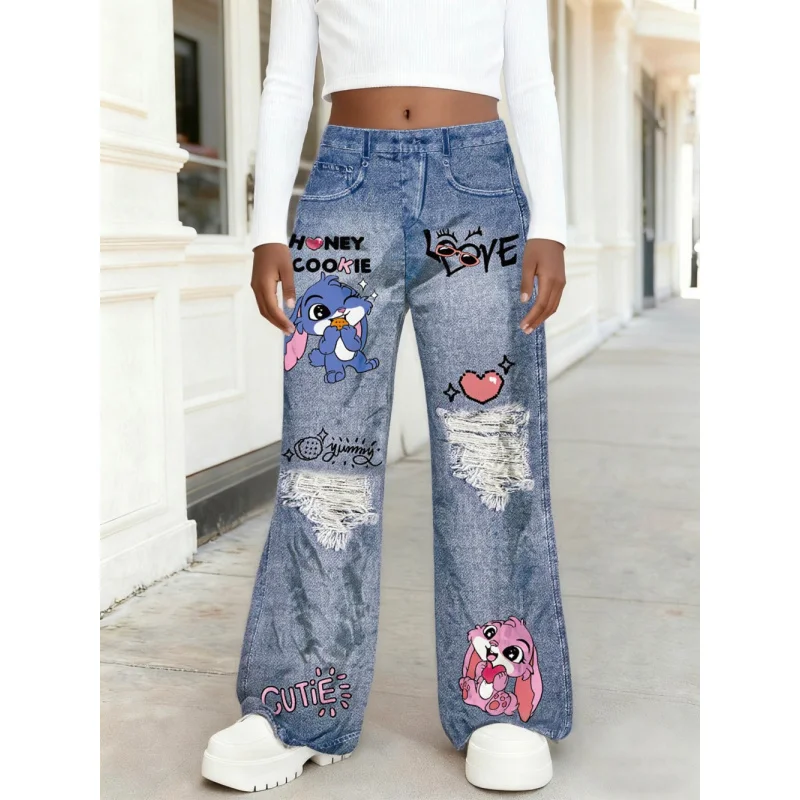

2025 Hot Sale Kids Girls Cartoon Rabbit Print - Fashion Daily Versatile Ripped Wide Leg Imitation Jeans