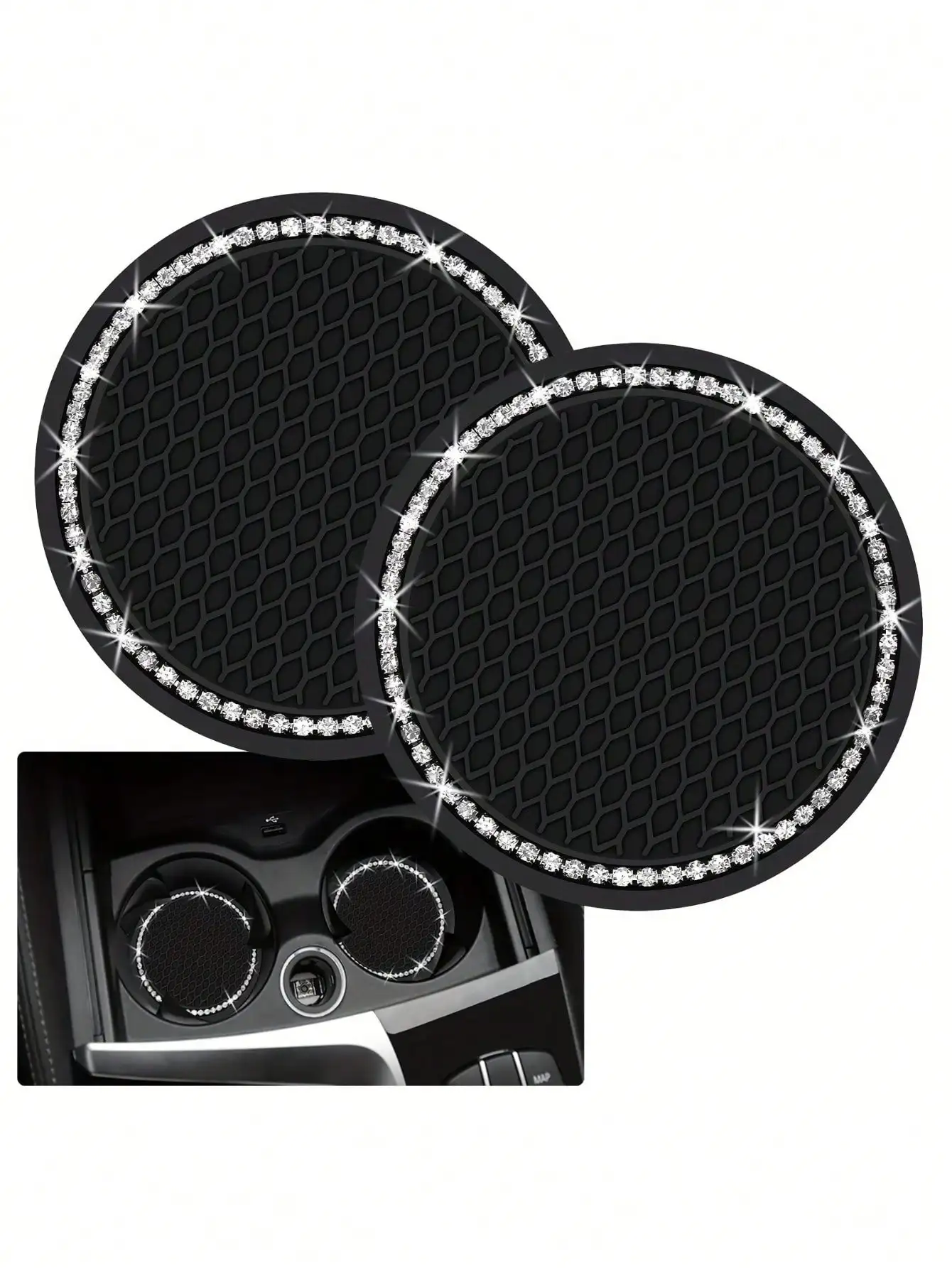 

2pcs Shiny Black Silicone Car Cup Holders, Crystal Rhinestone Edged - 2.75 Inch Non-Slip, Fits Vehicle Cup Holders, Fashion Acce