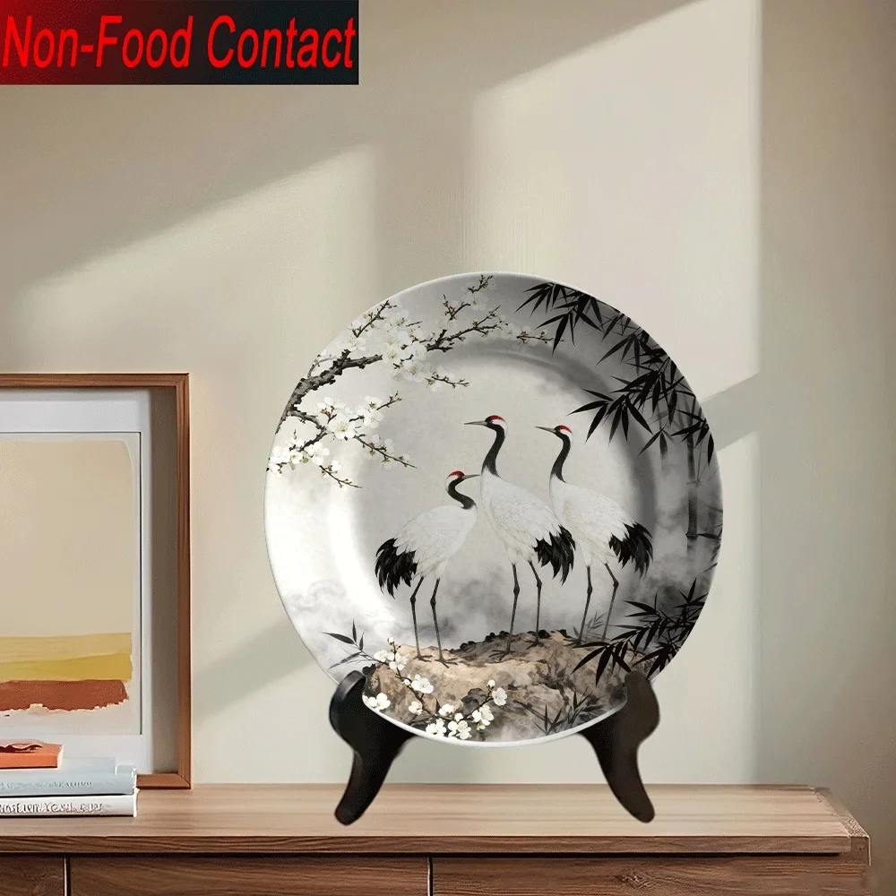 1pc Elegant Chinese-Inspired Ceramic Decorative Plate - Hand-Painted Crane & Design, Non-Food Contact Surface, Round Tabletop