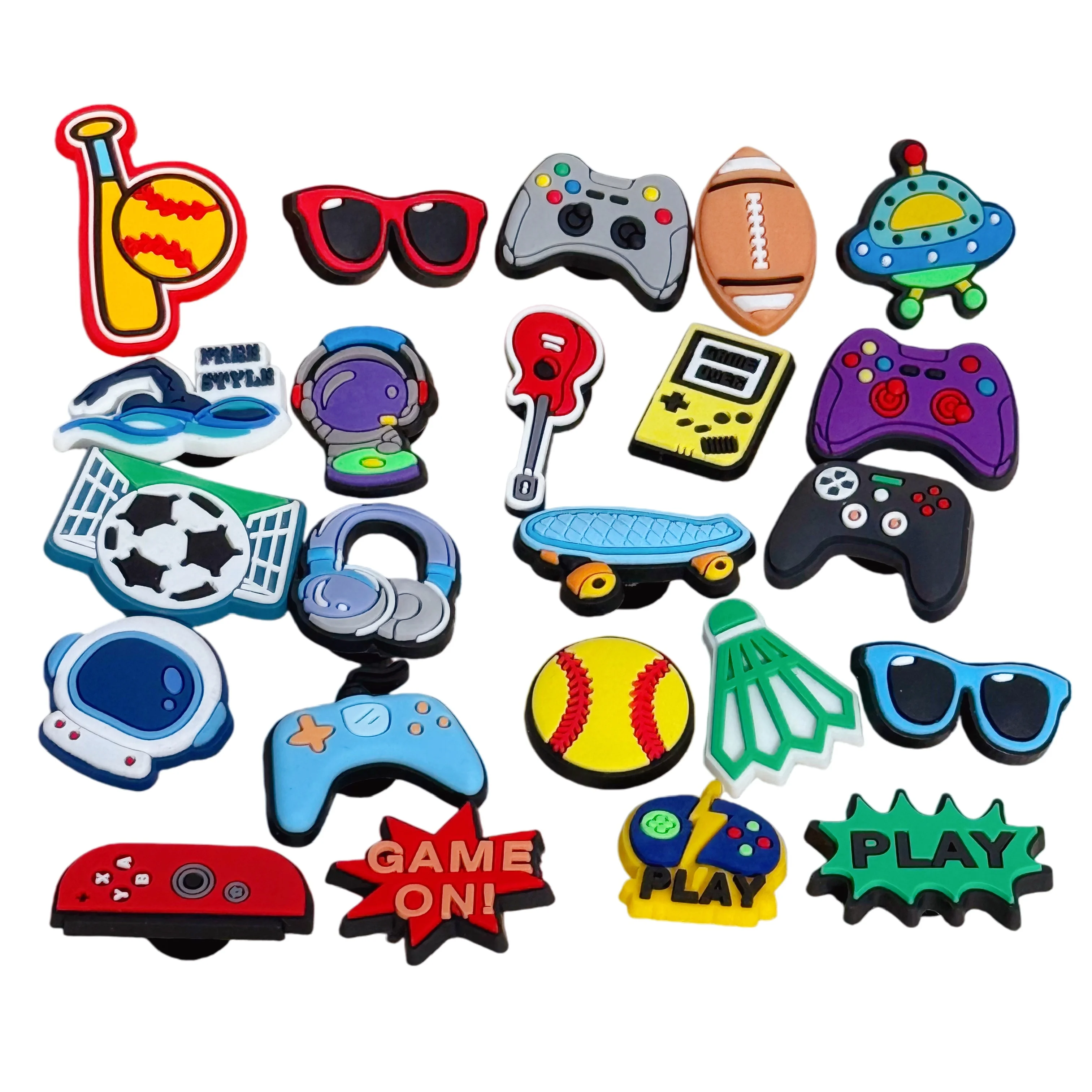 

23-100 шт., очки, скейтборд, геймпад, наушники, регби, ПВХ обувь, подвески для сабо, булавки, сандалии, украшение для обуви, подарок для девочек и мальчиков