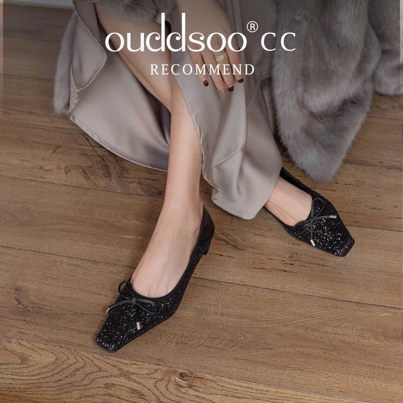 Ods الخريف الأسود بلينغ النساء الشقق أنيقة أشار تو الأحذية الكلاسيكية Bowknot الضحلة الانزلاق على لينة وحيد تاريخ الأحذية لسيدة