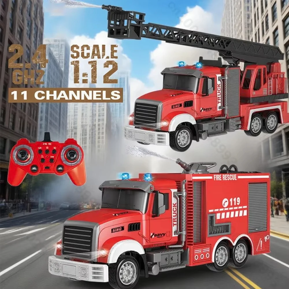 

RC Truck 1:12 Ladder Fire Truck Off-Road Crane Crawler Light Spray Water Sprinkler Remote Control Engineering Car Eletric Rescue