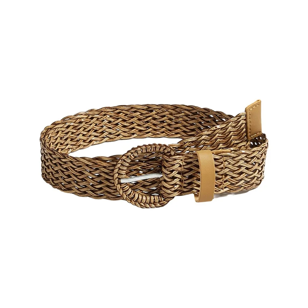 Adjustable Fit Woven Waist Belt Vintage Style Round Ring Buckle Braided Waist Belt Ethnic Style Belts for Dresses Daily Outfits