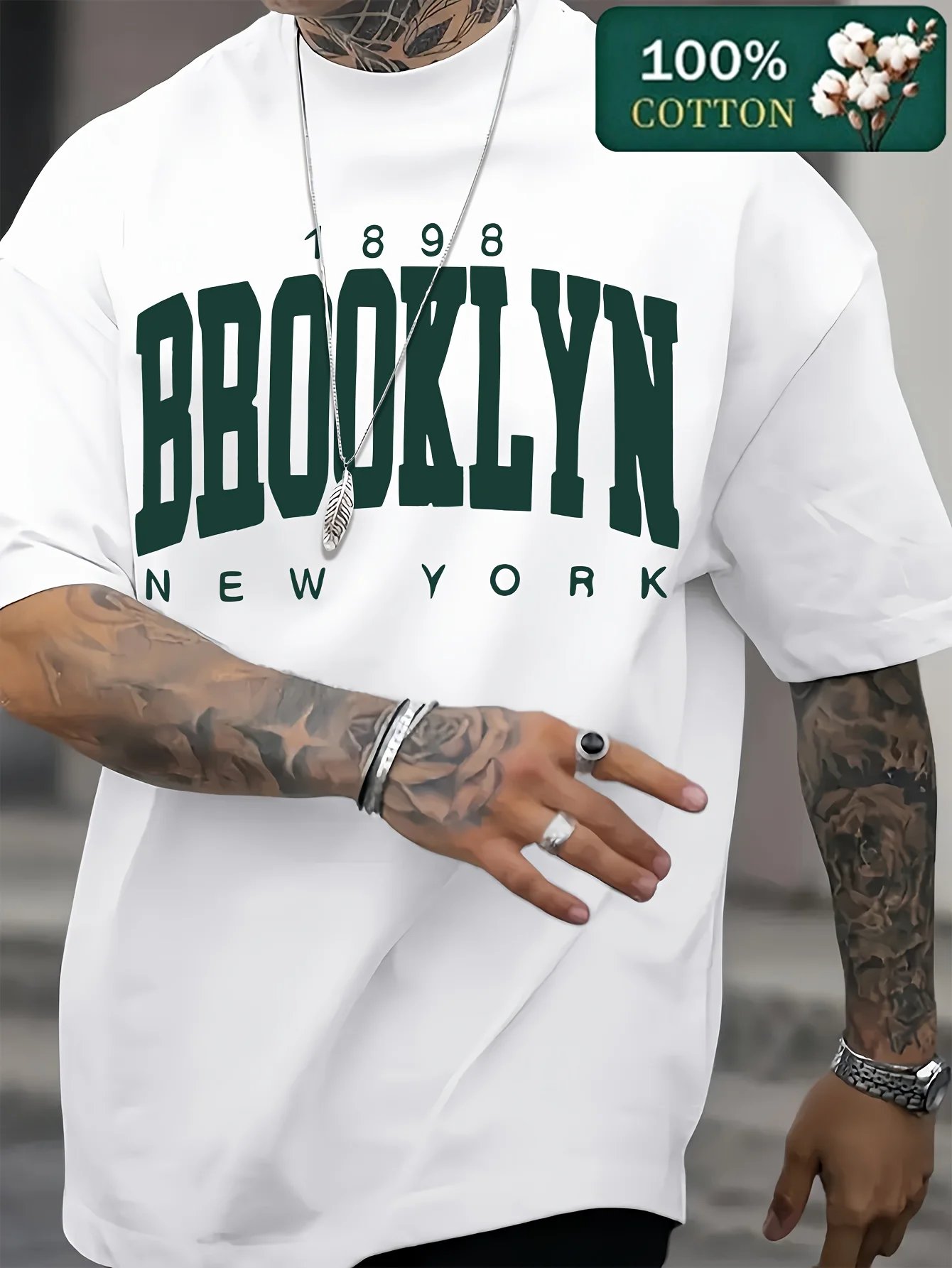 Men's Summer 100% Cotton Fashion 1898 Brooklyn New York Loose Casual Sports Round Neck Short Sleeve T-shirt Versatile Top