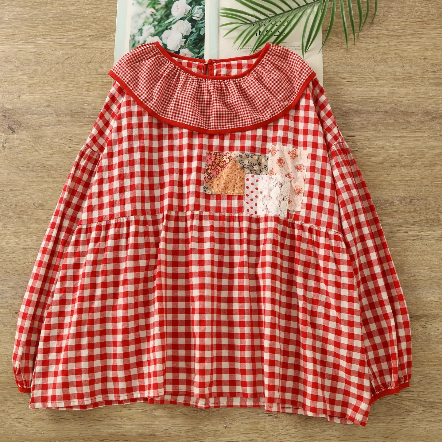

Mori kei fashion 100% cotton sweet preppy style red blue black checkered shirts long sleeve blouses for women pullover