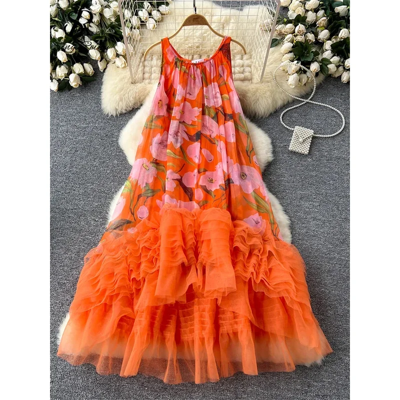 

SINGREINY French Vintage Print Dress Women O-Neck Spaghetti Strap Mesh Splice Irregular Ruffles Beach Fashion Ball Gown Dresses