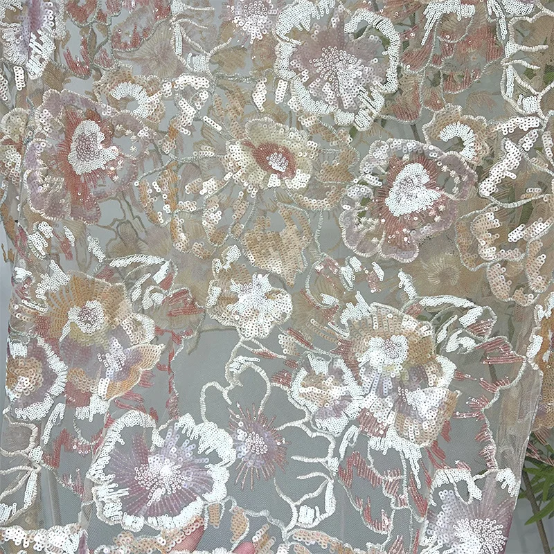 Big flower mesh sequined embroidery fabric, cross-border wholesale for bridal cheongsam wedding dress fabric manufacturers