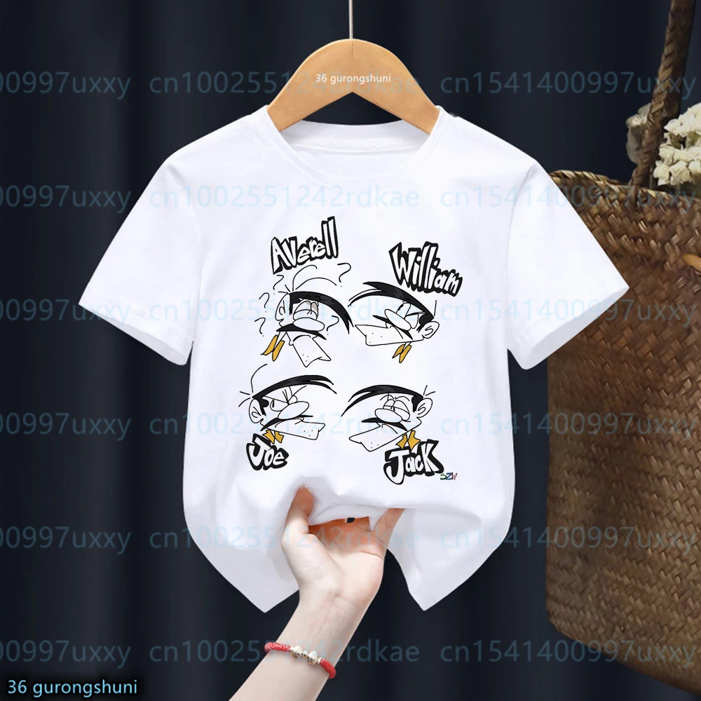 Os Daltons desenhos animados estampados camisetas para meninos e meninas, tops brancos com gola o, roupas casuais e fofas para crianças, moda engraçada, verão