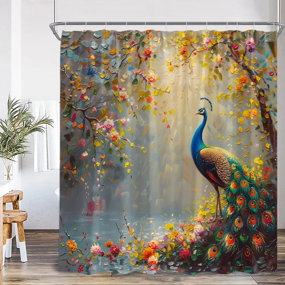 Peacock Oil Painting Shower Curtain Elegant Beautiful Bird Animal Printed Bathroom Decor Floral Plant Bathtub Curtain with Hook