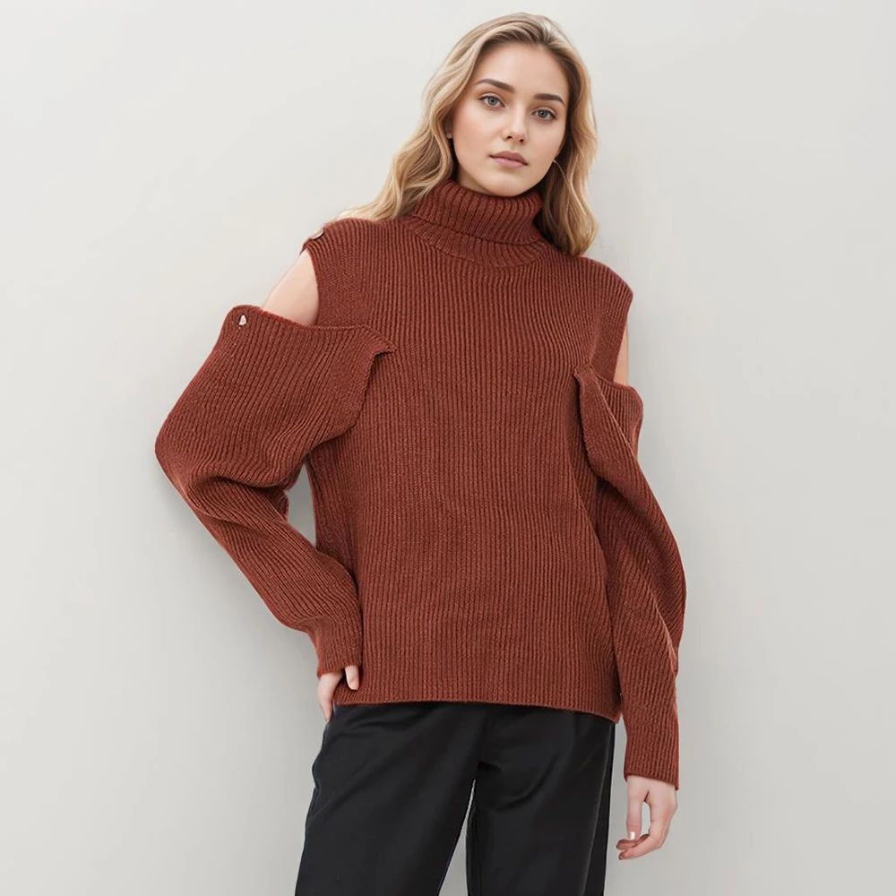 

Solid Patchwork Sweater For Women Turtleneck Lantern Sleeve Knitting Sweaters Female Autumn Clothing Fashion Casual 2024