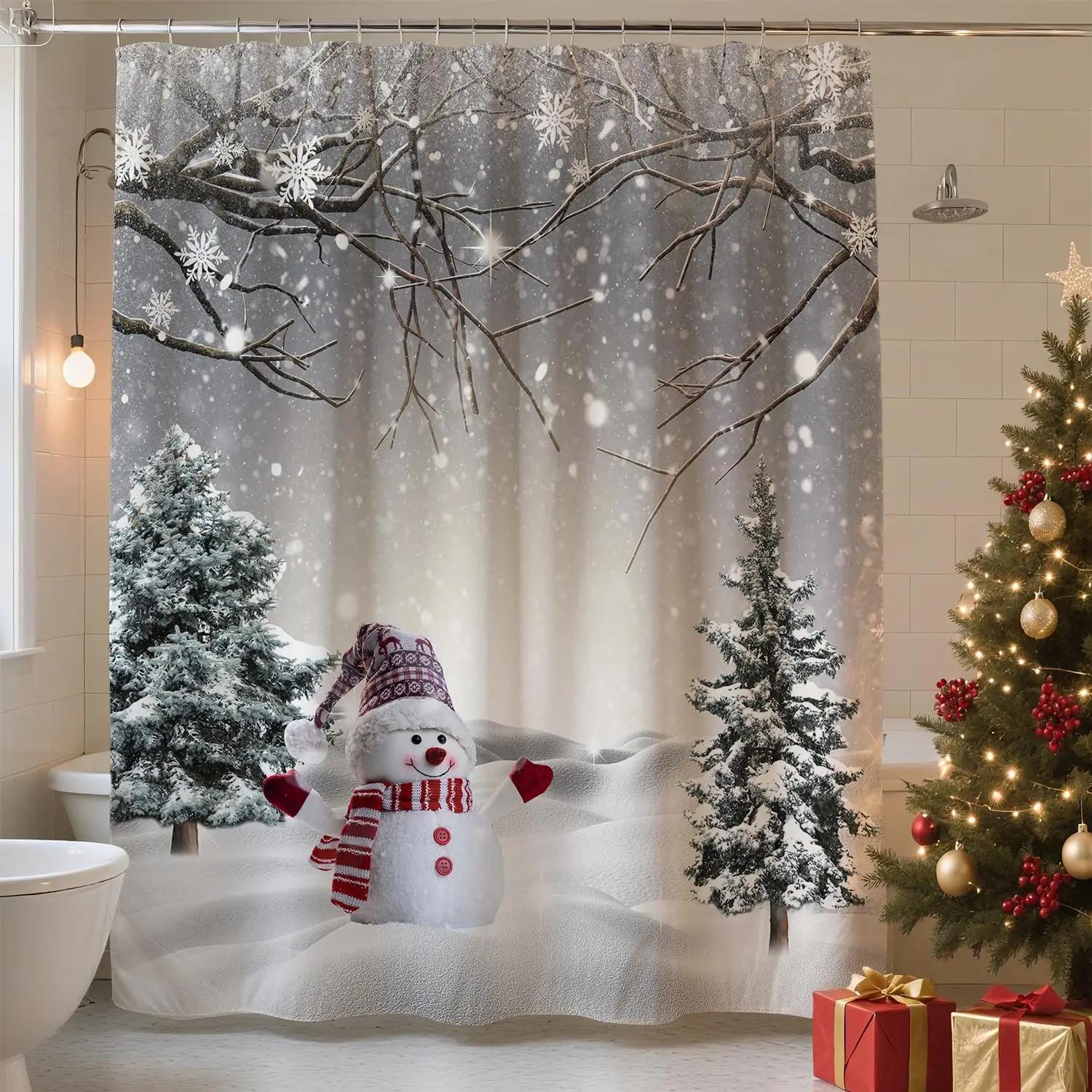 

Christmas Shower Curtain Winter Snowman Xmas Pine Tree Shower Curtains for Bathroom Decor Waterproof and Mildew Resistant