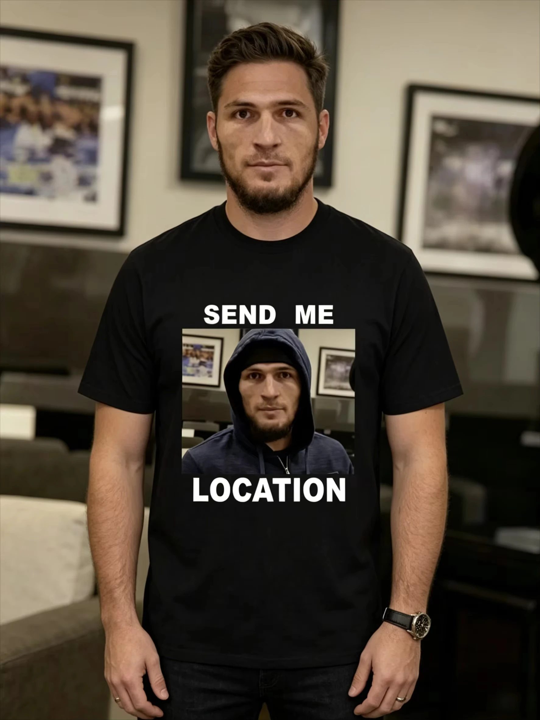 Khabib Send Me Location Graphic T-shirt Stylish Harajuku-style Short-sleeved T-shirt Hip-hop Retro Cotton Men and Women T-shirt