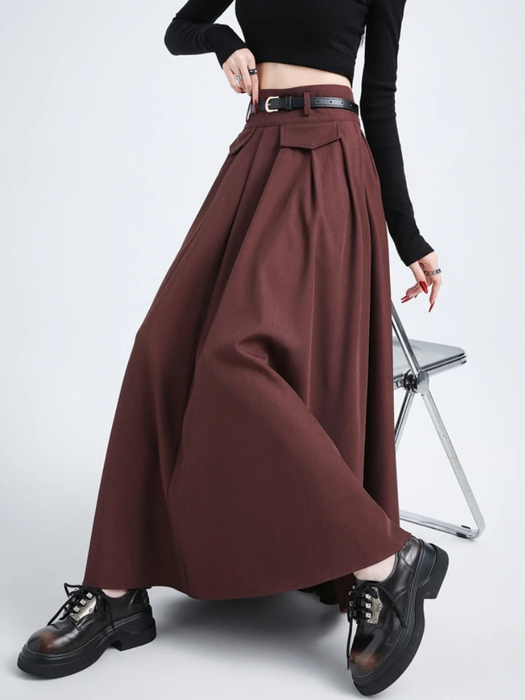 Angela Red Maxi Long Skirts Women 2024 Autumn Winter Suit Skirt Goth Lolita High Waist Ruffle Pleated Skirts With Belt