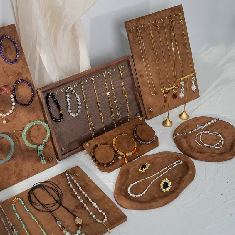 

Brown jewelry display stand ring stud necklace pendant bracelet storage and display tray