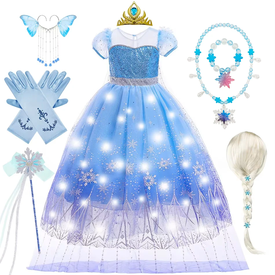 Elsa Cosplay Princess Dress Girl Halloween Christmas Carnival Party Costume Snow Queen Role Playing Outfit Children Elegant Gown