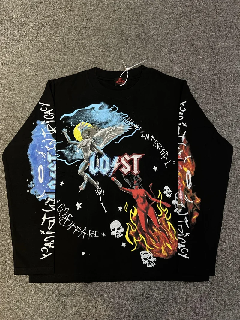 

LOST Black Long Sleeve Graffiti Printed Round Neck Cotton Loose T-shirt