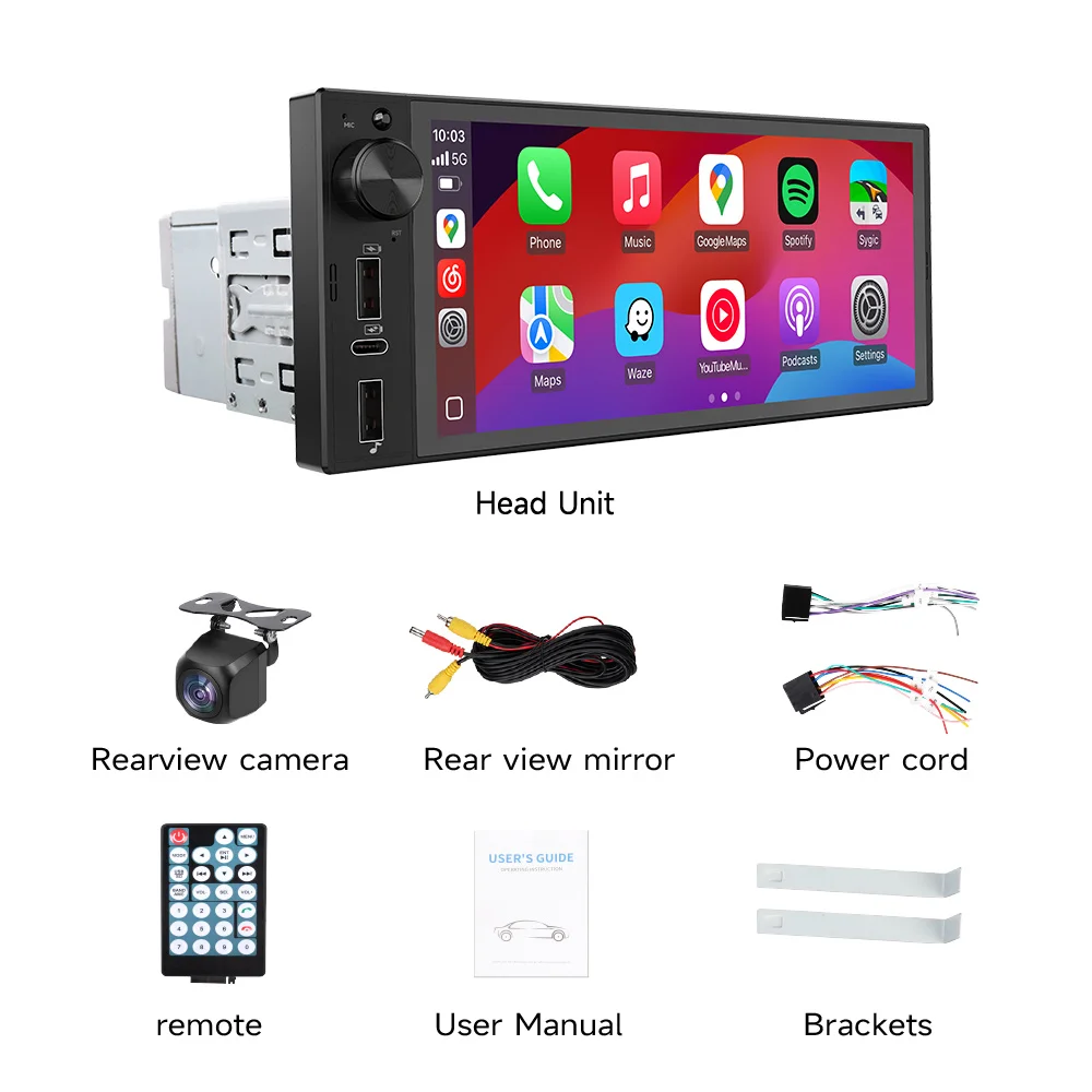 

1din 6" HD Car Radio Multimedia Carplay Touch Screen Mirror Link Stereo Bluetooth USB FM Camera MP5 Player