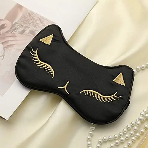 

Cute Cat Silk Sleep Eye Mask, Lightweight Adjustable Eyeshade for Women Men Travel Nap, Black