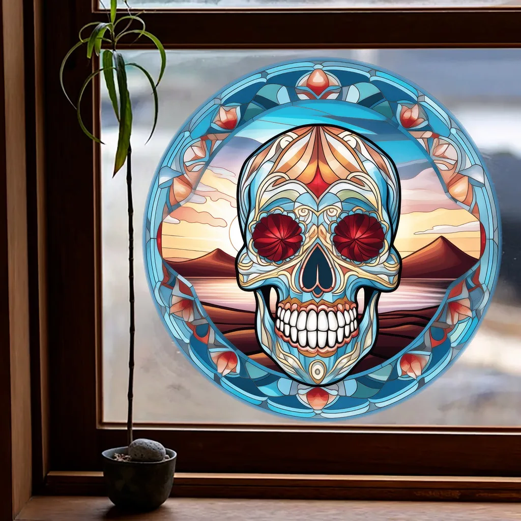 30/40cm Round Halloween Window Cling Skull Stained Glass Effect Static Sticker No Glue Glass Decal Home Holiday Party Decoration
