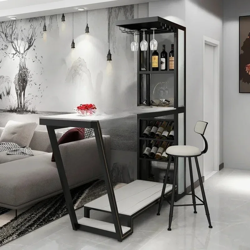 A Living room partition cabinet, bar counter integrated table against the wall, household modern rock slab entrance, high table