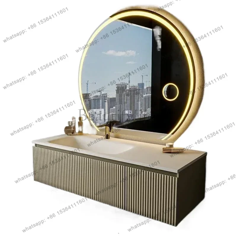 LJY Light Luxury Oak Bathroom Vanity Sink Cabinet LED Smart Mirror Bathroom Cabinets Slate Integrated Washbasin Bathroom Furnitu