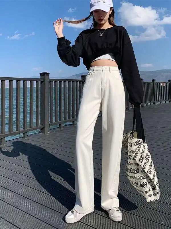 

High Waist Wide Leg Loose Slimming Rice White Jeans for Women Cleanfit Sle mid Elastici PU Fabric Wide Pants
