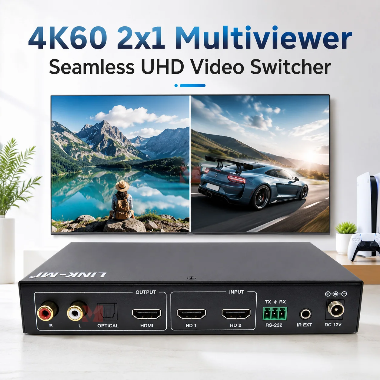 

2x1 Multiviewer Seamless 4K60 2 input 1 output UHD Video Switcher HDMI 2.0b Quad Screen Multi Viewer