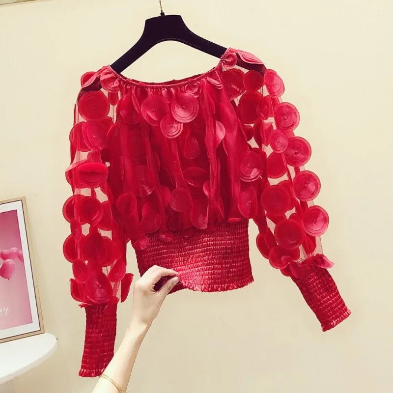 Slash Neck Flower Blouse for Women, Monochromatic, Red, Lantern Sleeve, Slim, Short, High Waist, Lady, Elegant Pulls, Tees, New,