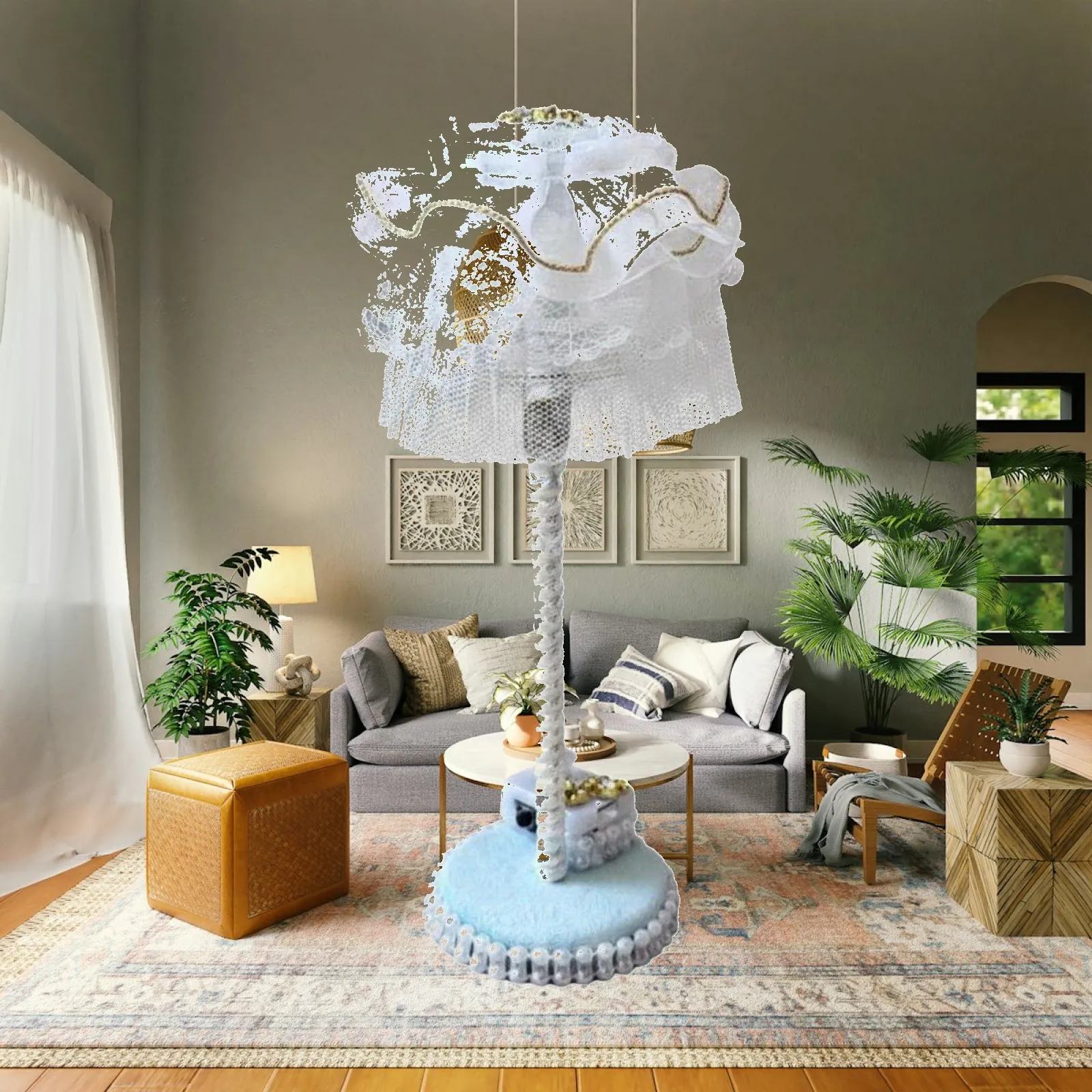 Dollhouse Sofa Bed Pastel Blue Dollhouse Bedroom Set Lace Trim for Toy Room