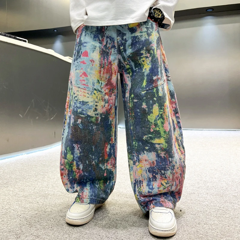 

Kids Teenager Wide Oil Print Jeans Trousers Children Fashion Painting Baggy Jeans For Boys Trendy Street Graffiti Denim Pants