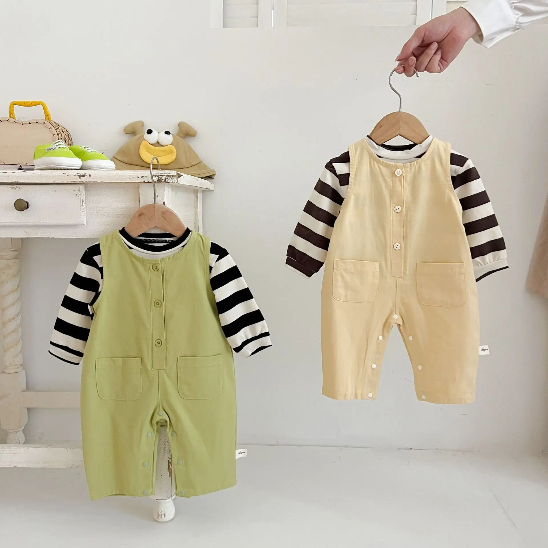 2024 Autumn Baby Boy 2PCS Clothes Set Cotton Striped Pullovers Cartoon Elephant Solid Overalls Suit Toddler Boys Outfits