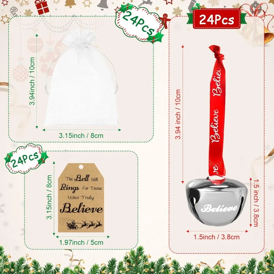 24 قطعة أجراس مزلقة فضية مجموعة زينة عيد الميلاد مع بطاقة صدق وشريط لصالح حفلات شجرة العطلات والمنزل D #4
