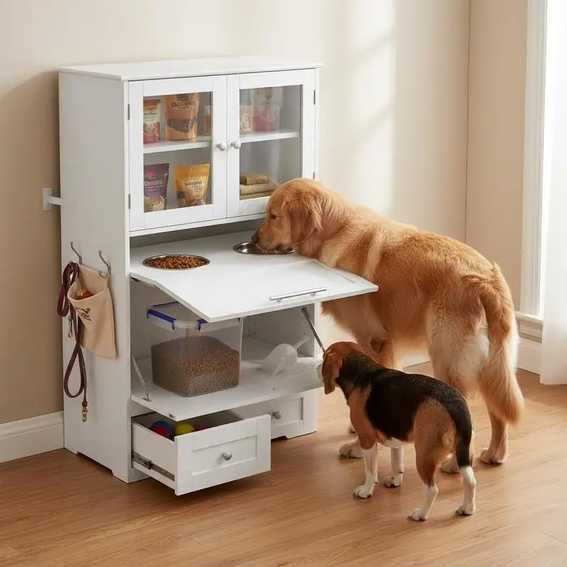 

PawHut Dog Feeding Station with 2 Storage Cabinets, 2 Elevated Bowls, Side Hooks, Anti-tip Kit for Water and Feeding Supplies